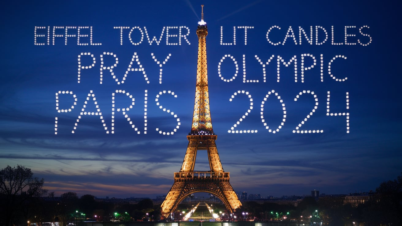 Eiffel Tower Lit Candles Pray Olympic Paris 2024